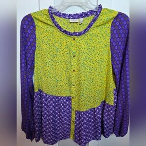 LOGO Lori Goldstein Mixed Print Button Down Top XS Yellow Purple Floral Peplum